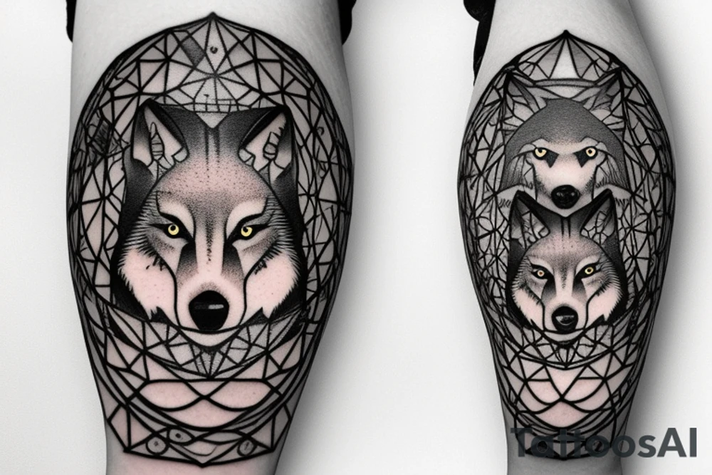 Wolf in forest with old clock tower tattoo idea