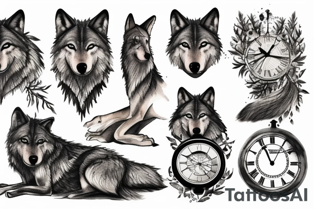 Wolf in forest with old clock tower tattoo idea
