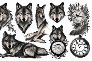 Wolf in forest with old clock tower tattoo idea