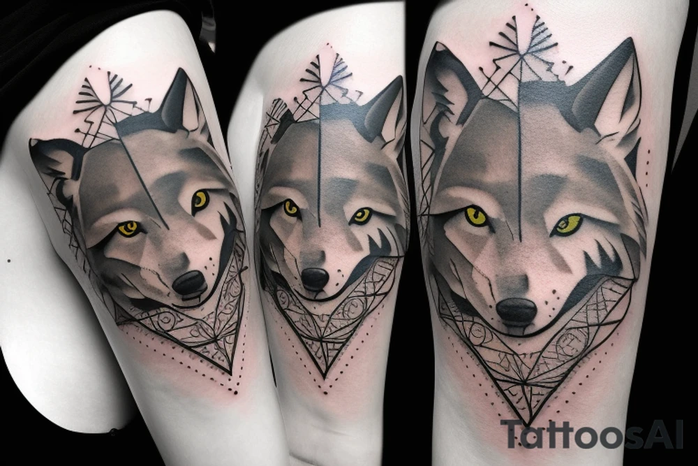Wolf in forest with old clock tower tattoo idea