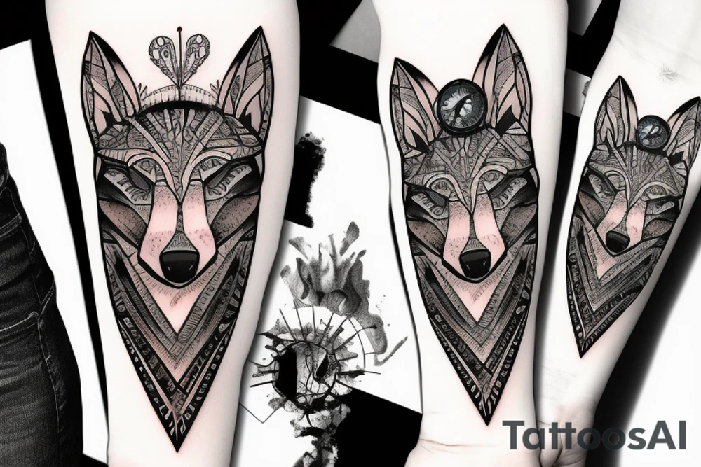 Wolf in forest with old clock tower tattoo idea
