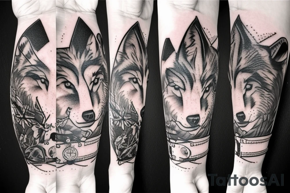 Wolf in forest with old clock tower tattoo idea