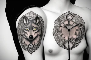 Wolf in forest with old clock tower tattoo idea