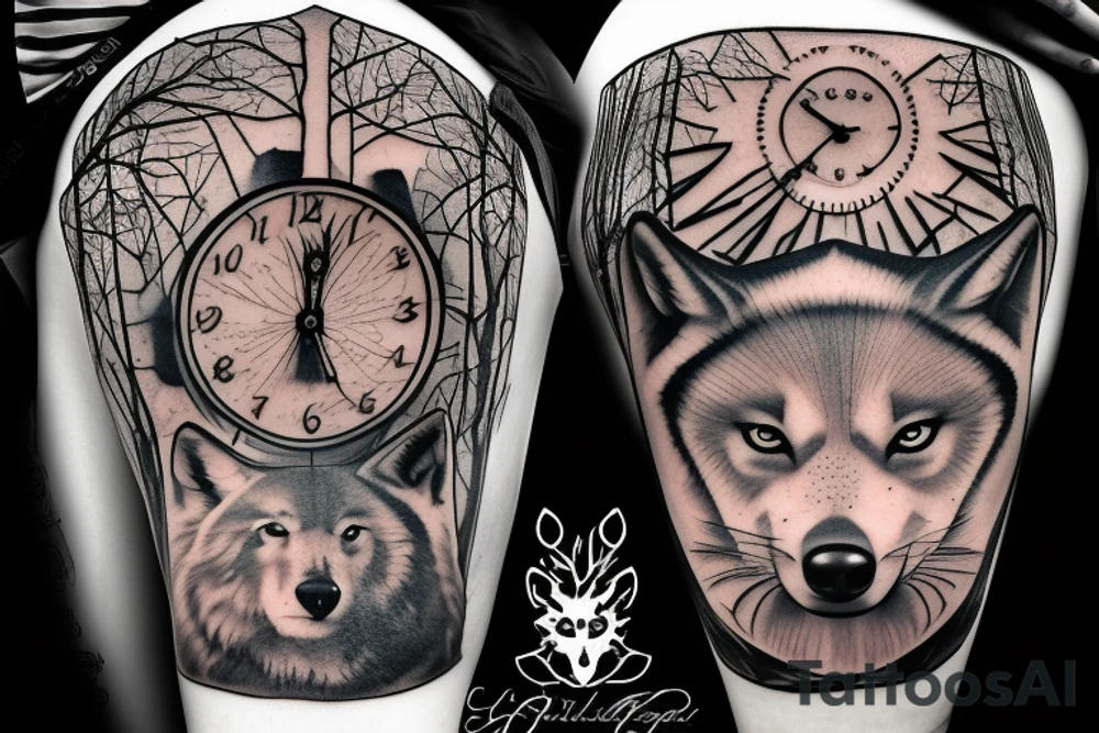 Wolf in forest with old clock tower tattoo idea
