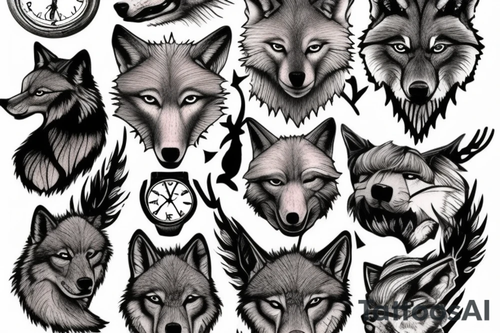 Wolf in forest with old clock tower tattoo idea