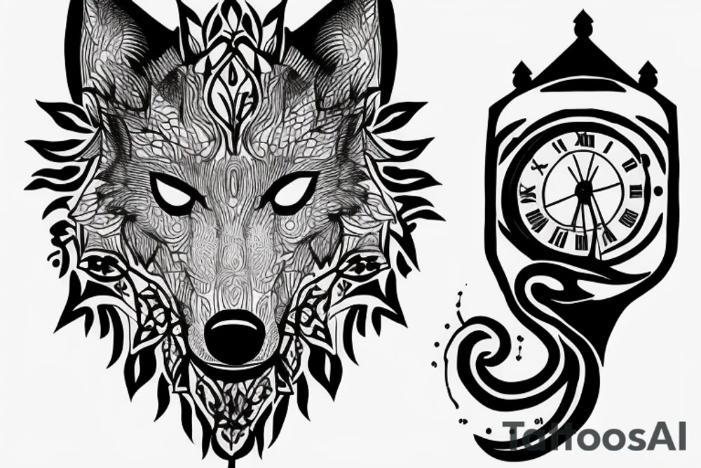Wolf in forest with old clock tower tattoo idea