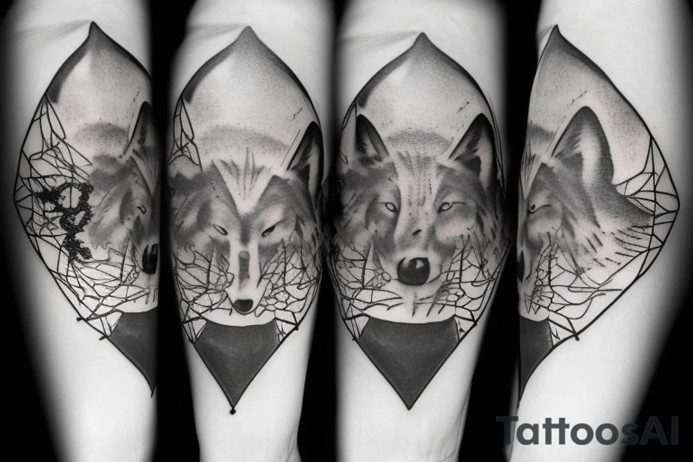 Wolf in forest with old clock tower tattoo idea
