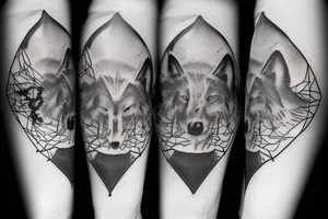 Wolf in forest with old clock tower tattoo idea