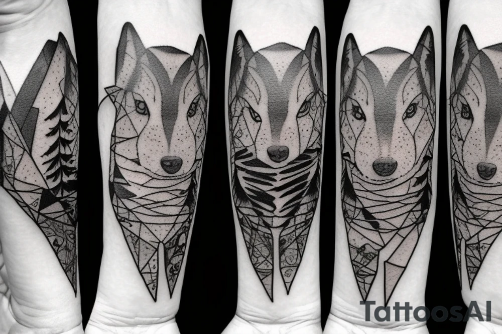 Wolf in forest with old clock tower tattoo idea