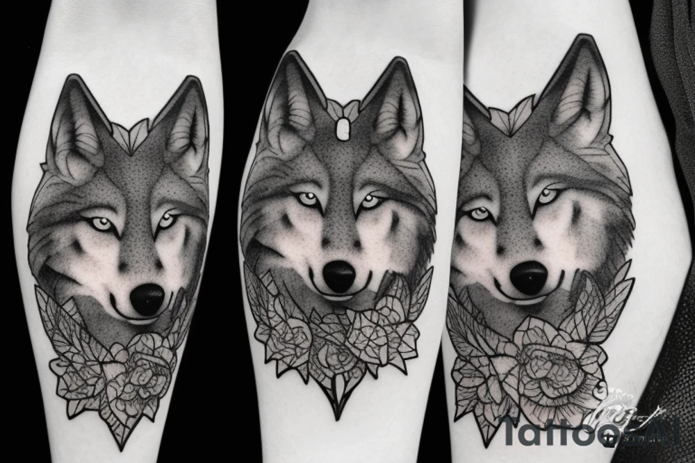 Wolf in forest with old clock tower tattoo idea