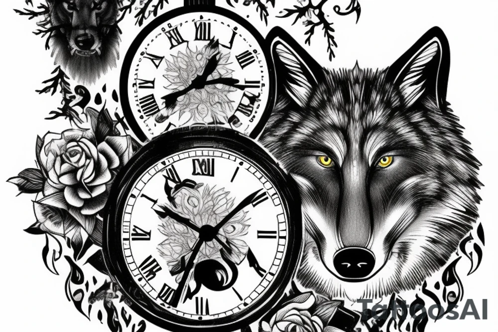 Wolf in forest with old clock tower tattoo idea