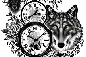 Wolf in forest with old clock tower tattoo idea