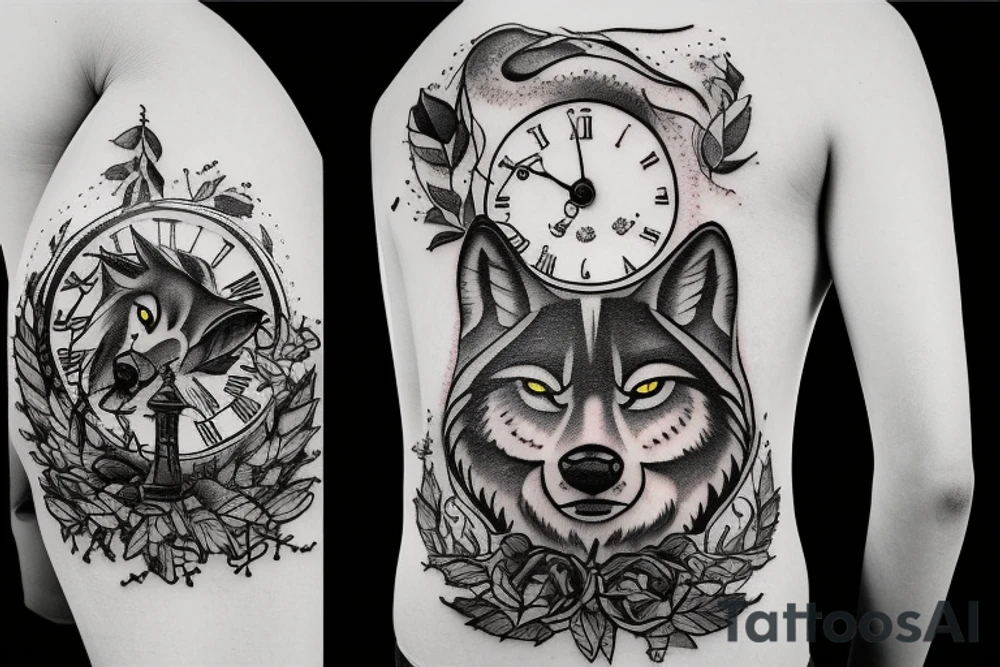 Wolf in forest with old clock tower tattoo idea