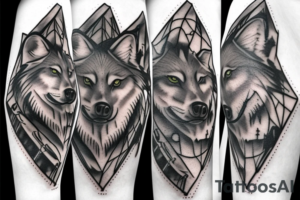 Wolf in forest with old clock tower tattoo idea
