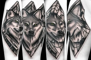 Wolf in forest with old clock tower tattoo idea