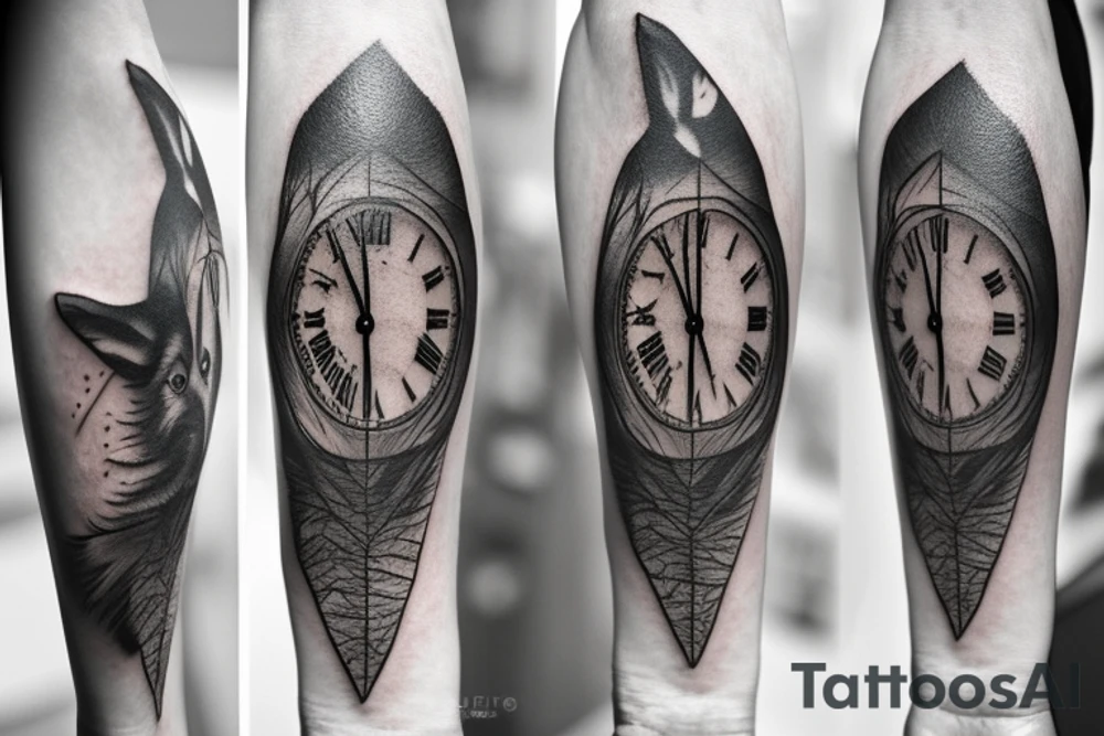 Wolf in forest with old clock tower tattoo idea