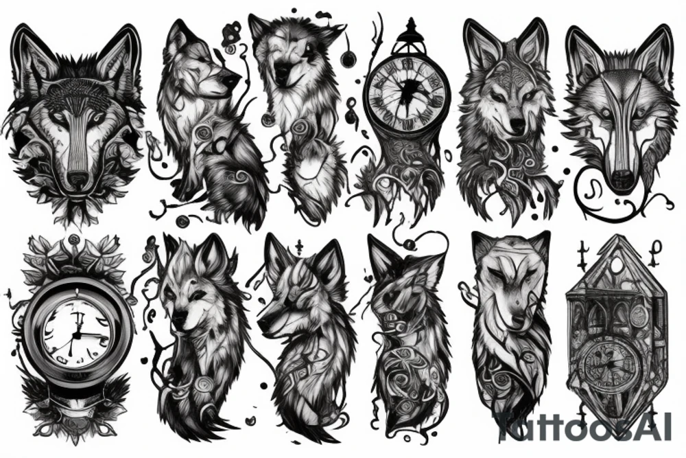 Wolf in forest with old clock tower tattoo idea