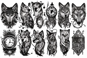 Wolf in forest with old clock tower tattoo idea