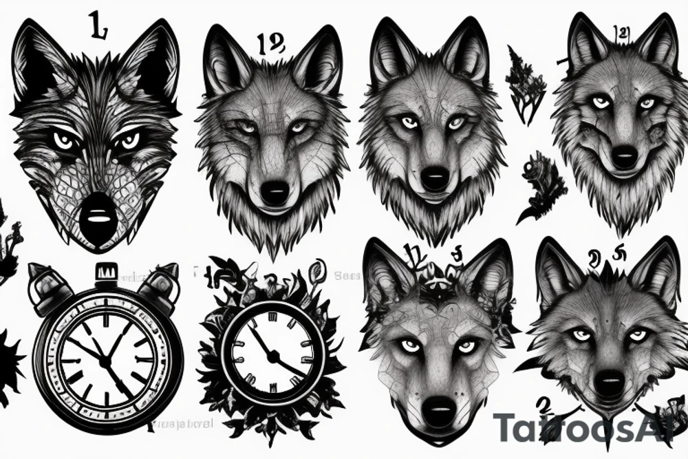 Wolf in forest with old clock tower tattoo idea