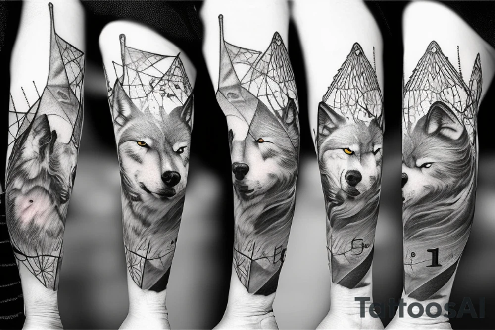 Wolf in forest with old clock tower tattoo idea