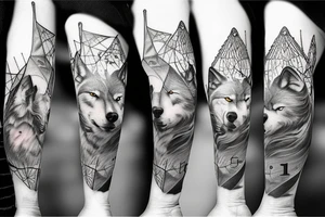 Wolf in forest with old clock tower tattoo idea