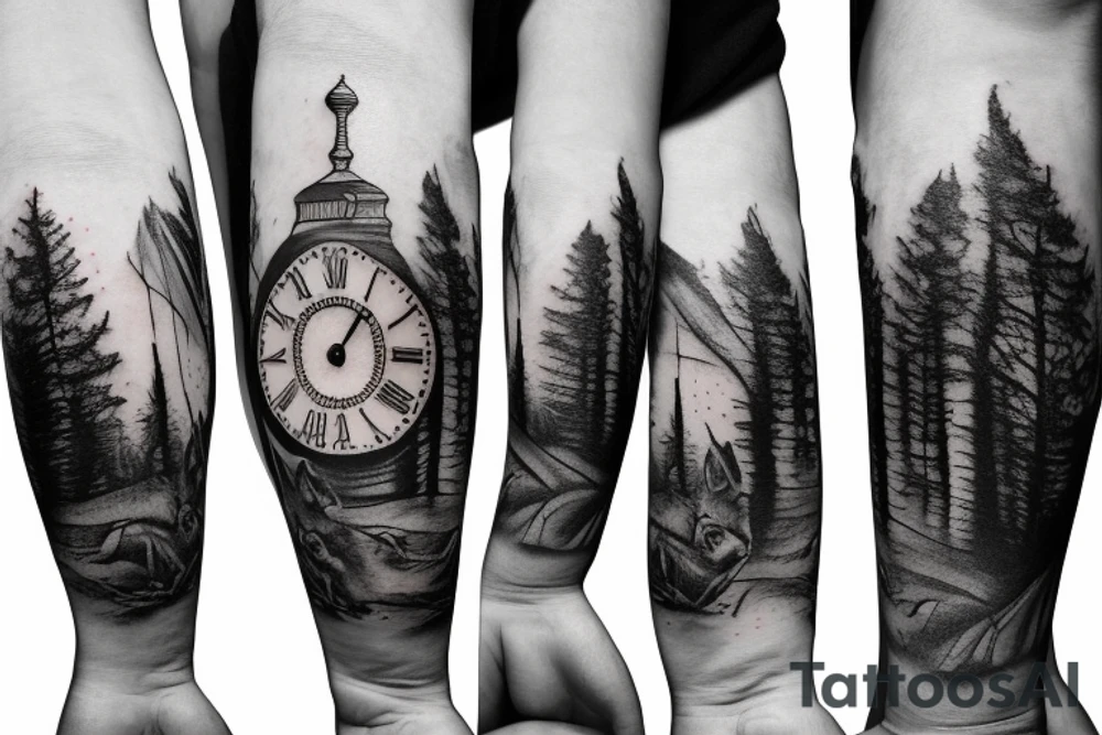 Wolf in forest with old clock tower tattoo idea