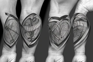 3 clocks with a phyton and anatomical heart with nautical rope wrapping throughout tattoo idea
