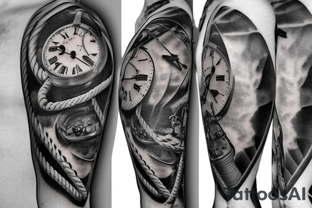 3 clocks with a phyton and anatomical heart with nautical rope wrapping throughout tattoo idea