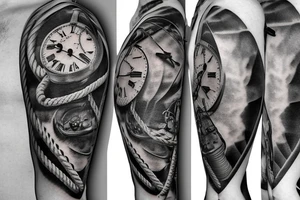 3 clocks with a phyton and anatomical heart with nautical rope wrapping throughout tattoo idea
