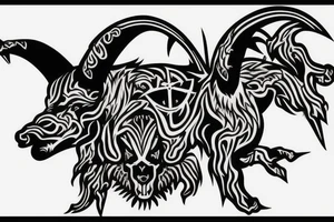 A hell goat with 3 crosses in the backround in hell tattoo idea