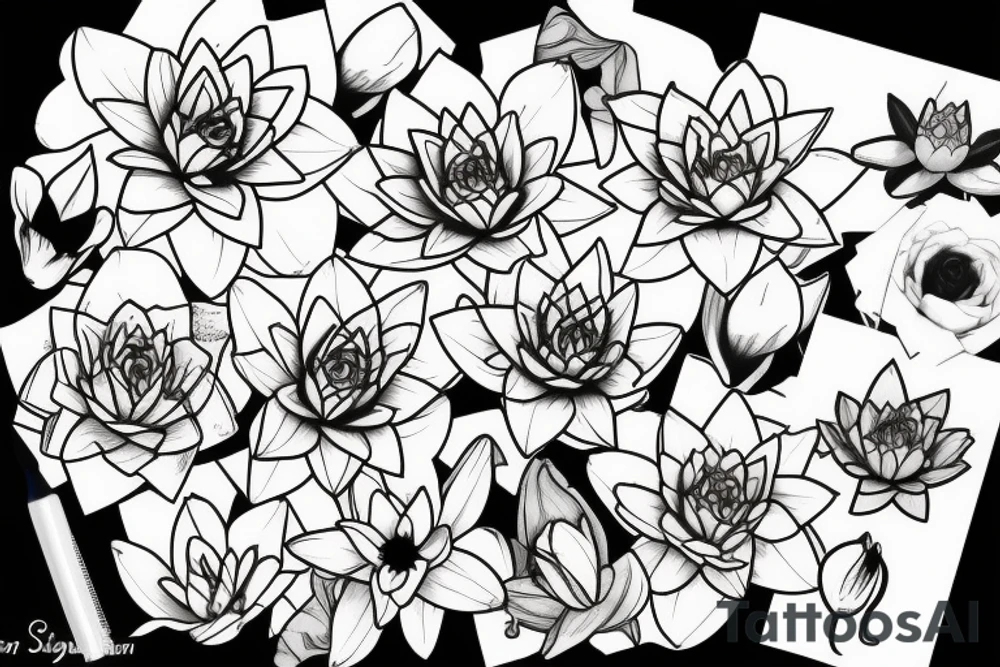 Puerto rican flag in the wind, with a daffodil, water lily, and rose on it tattoo idea