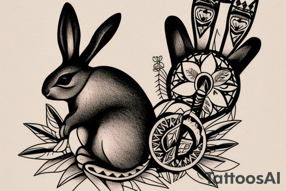 Rabbit smoking a Native American peace pipe tattoo idea