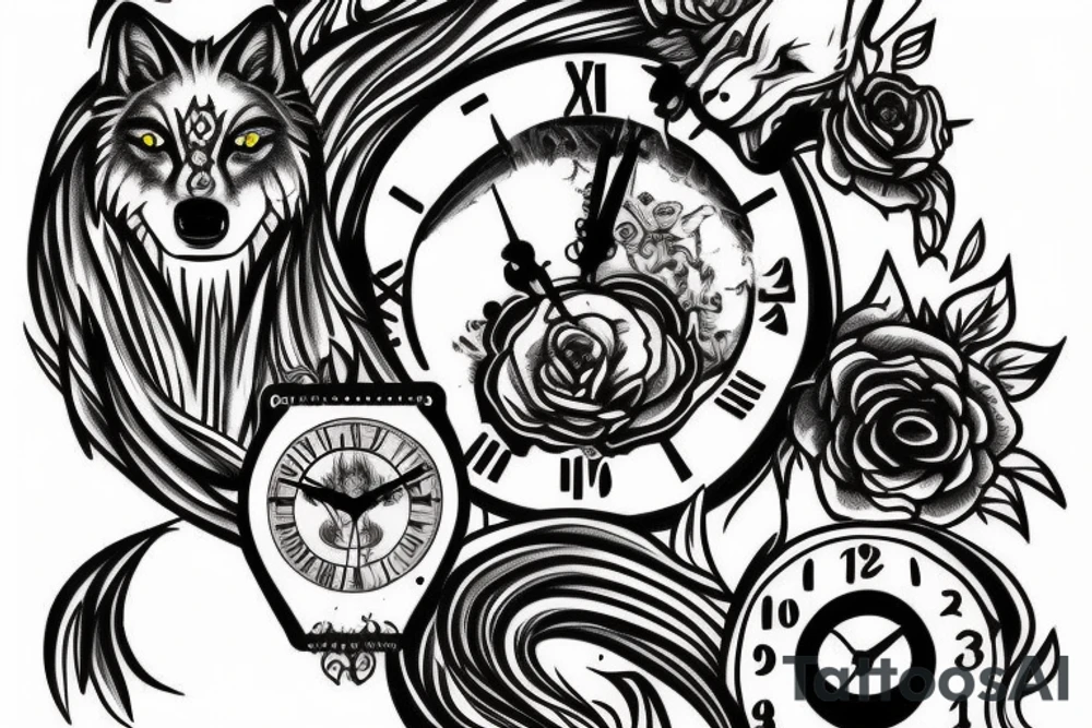 Wolf on graveyard with a clock tattoo idea