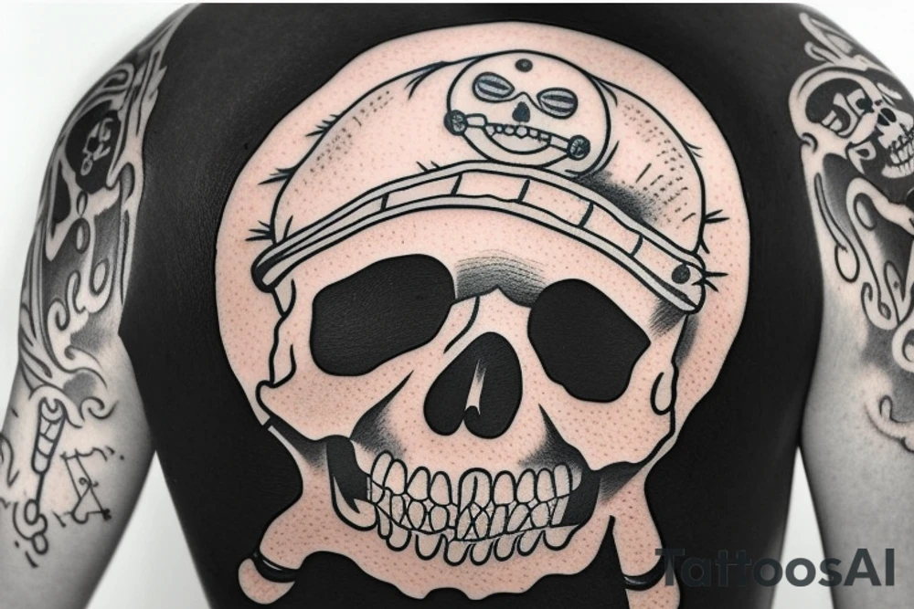 A classic One Piece Jolly Roger emblem, which is the skull with a straw hat, can be the central focus of your tattoo. However, the skull could be portrayed wearing glasses, holding a mortar and pestle (pharmacist tools), and perhaps even surrounded by a subtle crossbones design made from stylized pills or other pharmaceutical symbols. tattoo idea