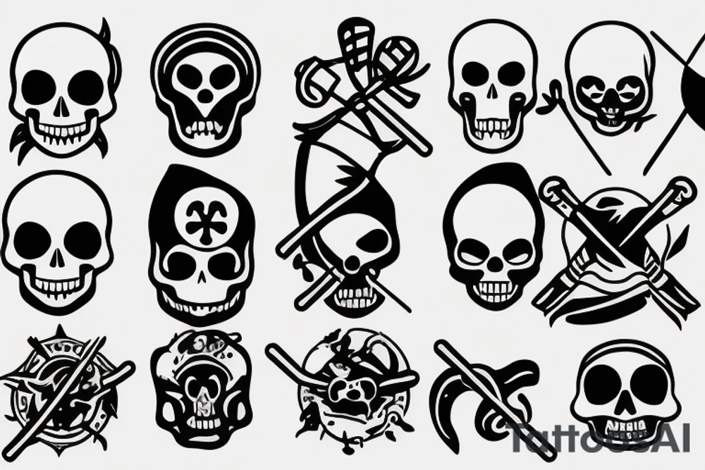 A small, stylized Rx symbol (commonly associated with pharmacy) integrated into the design.
Incorporate a background of the Jolly Roger symbol of the Straw Hat Pirates. 
Place the Rx symbol within the skull's eye socket or on the forehead area of the skull. tattoo idea