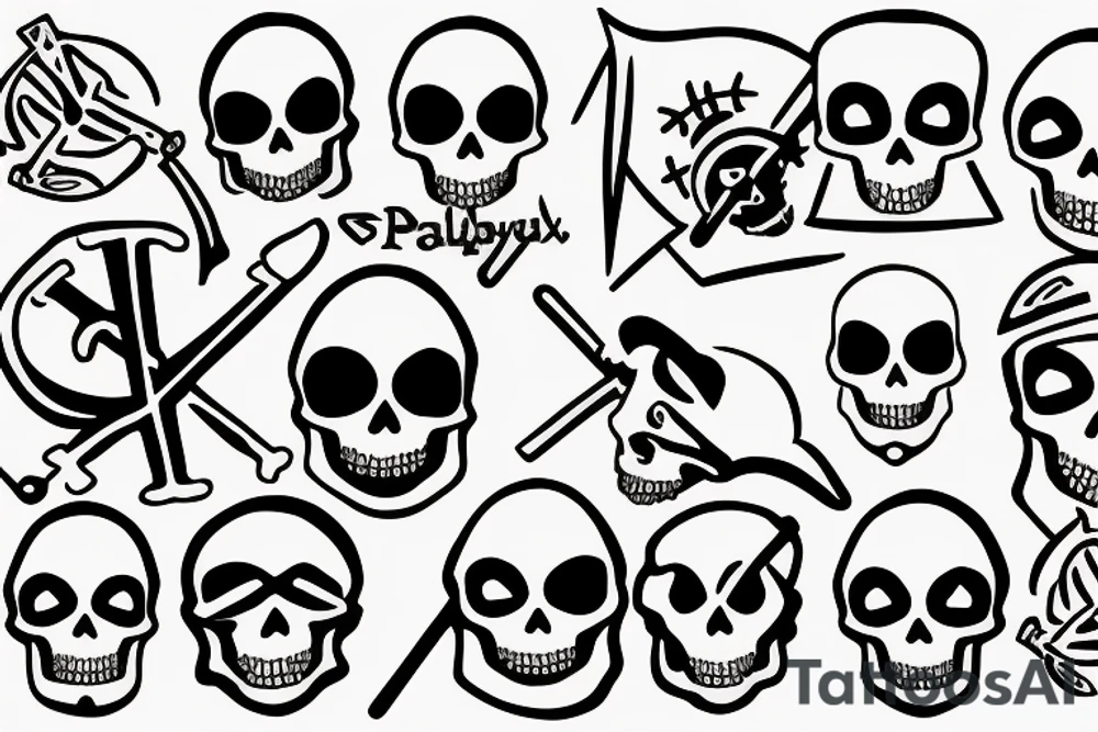 A small, stylized Rx symbol (commonly associated with pharmacy) integrated into the design.
Incorporate a background of the Jolly Roger symbol of the Straw Hat Pirates. 
Place the Rx symbol within the skull's eye socket or on the forehead area of the skull. tattoo idea