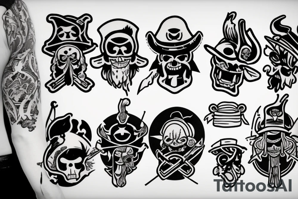 A small, stylized Rx symbol
Incorporate a background of the Straw Hat Pirates. tattoo idea