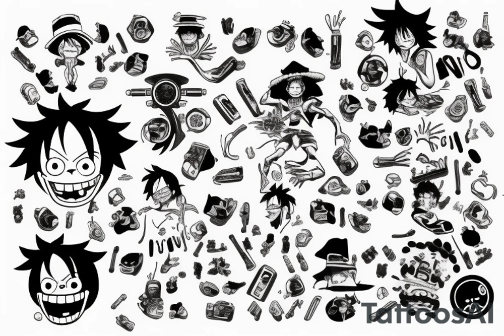 monkey d luffy incorporated with pharmaceutical elements tattoo idea