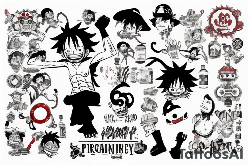 monkey d luffy incorporated with pharmaceutical elements tattoo idea