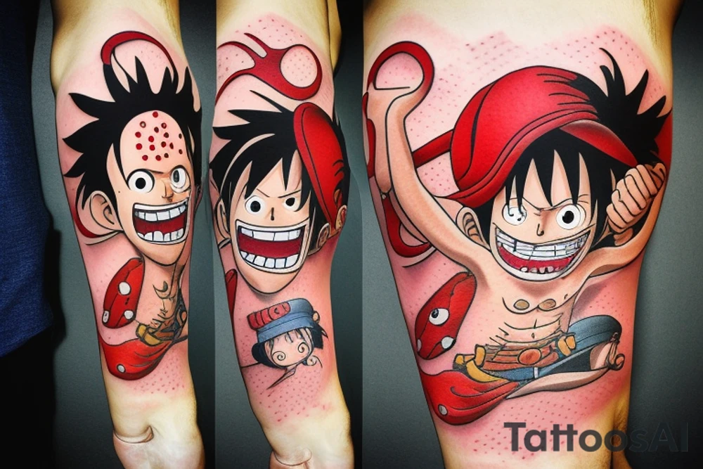 monkey d luffy incorporated with pharmaceutical elements tattoo idea