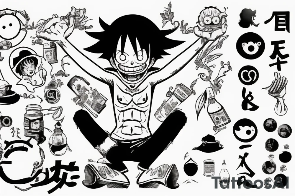 monkey d luffy incorporated with pharmaceutical elements tattoo idea