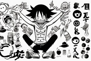 monkey d luffy incorporated with pharmaceutical elements tattoo idea