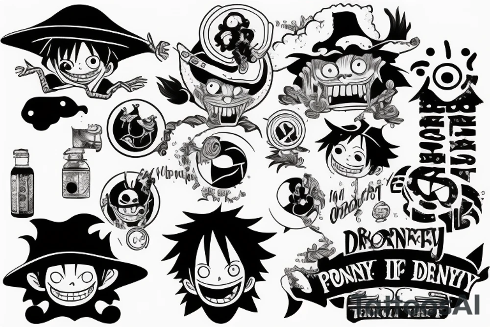 monkey d luffy incorporated with pharmaceutical elements tattoo idea