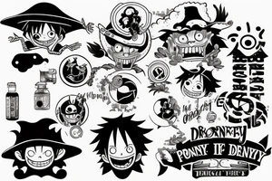 monkey d luffy incorporated with pharmaceutical elements tattoo idea