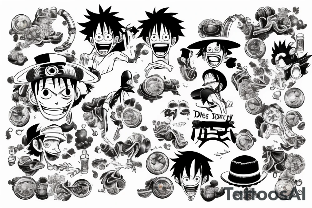monkey d luffy incorporated with pharmaceutical elements tattoo idea