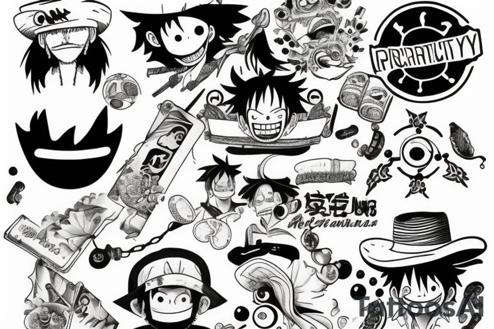 monkey d luffy incorporated with pharmaceutical elements tattoo idea