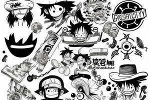 monkey d luffy incorporated with pharmaceutical elements tattoo idea