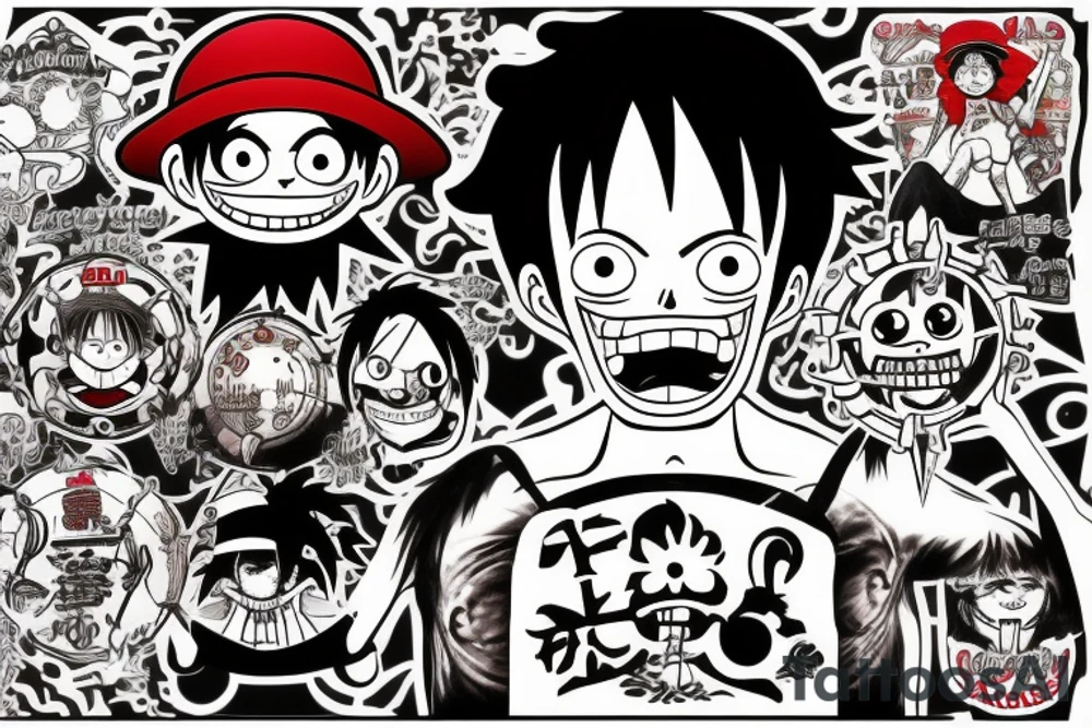 monkey d luffy incorporated with pharmaceutical elements tattoo idea