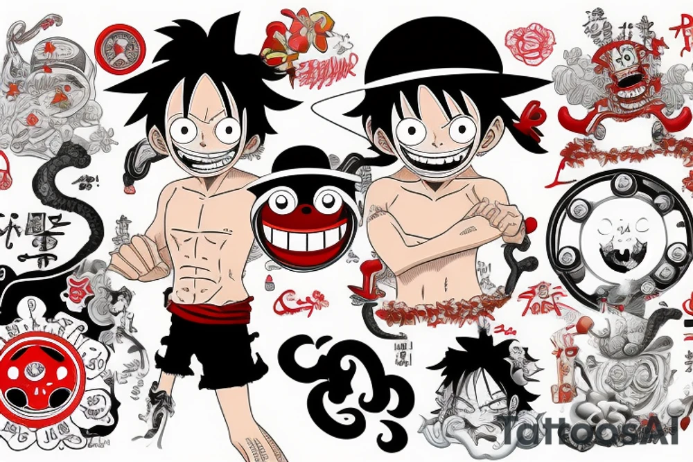 monkey d luffy incorporated with pharmaceutical elements tattoo idea