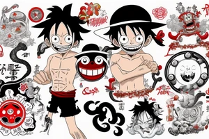 monkey d luffy incorporated with pharmaceutical elements tattoo idea